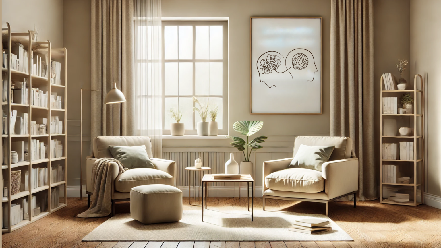 Espacio terapéutico cálido y moderno con sillones y luz natural, representando el proceso de psicoterapia.
