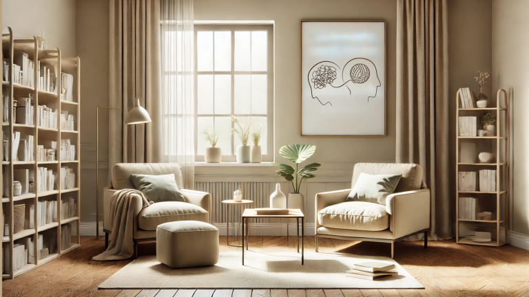 Espacio terap&eacute;utico c&aacute;lido y moderno con sillones y luz natural, representando el proceso de psicoterapia.