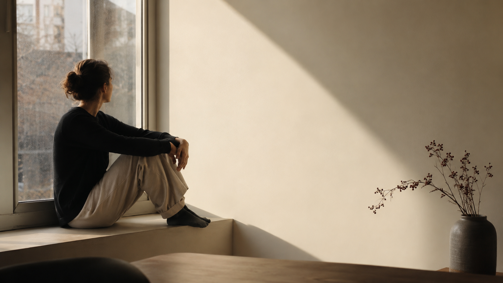 Mujer sentada junto a una ventana, observando el exterior en silencio mientras entra luz natural en una habitación minimalista.