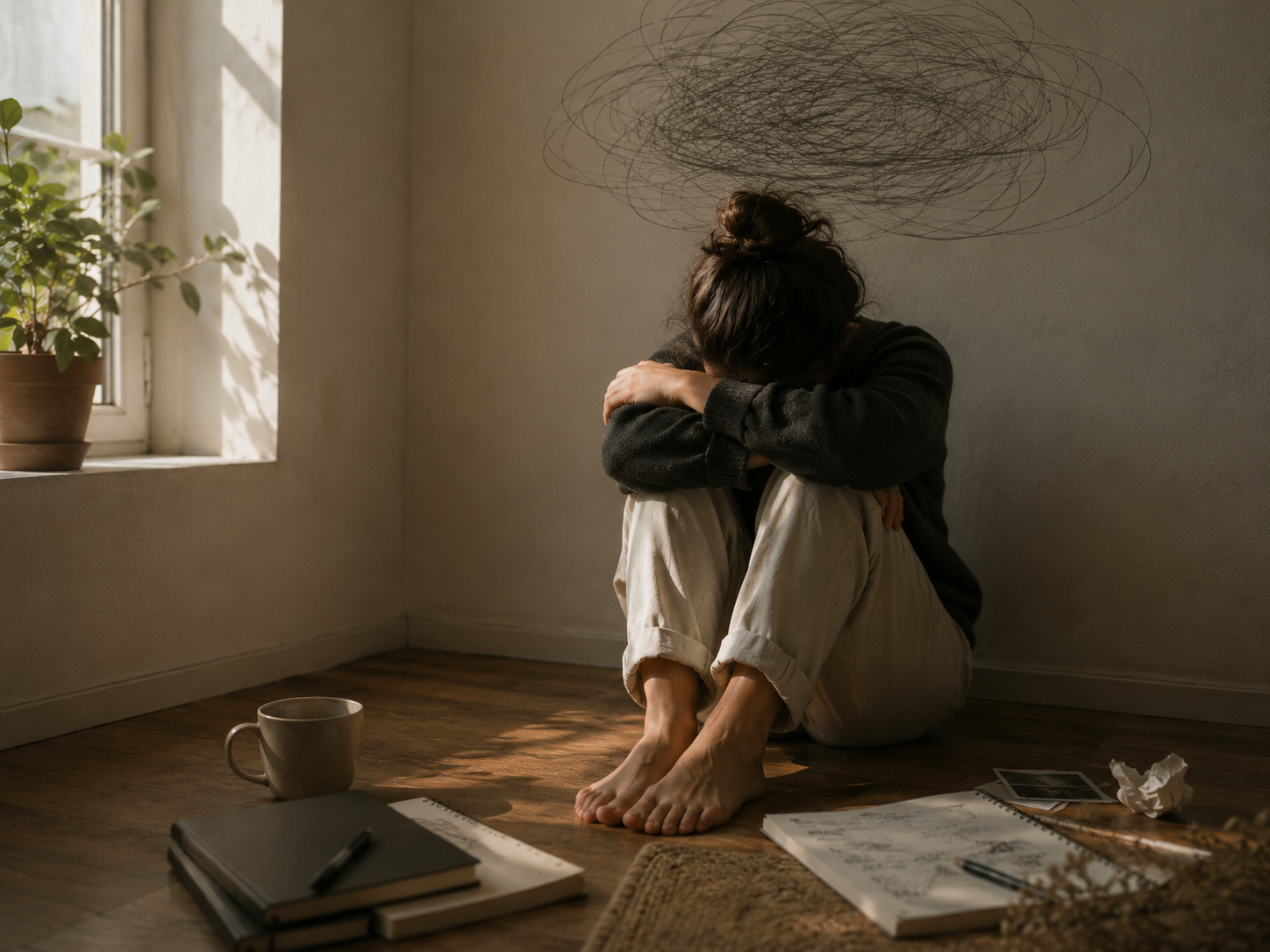 Persona atrapada en un bucle de pensamientos repetitivos, rumiación mental