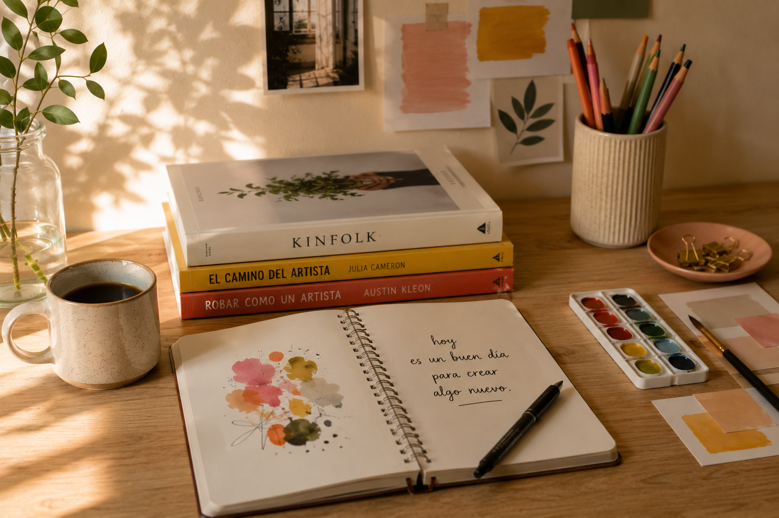 Escritorio con libreta de acuarelas, libros sobre creatividad y la frase "hoy es un buen día para crear algo nuevo"