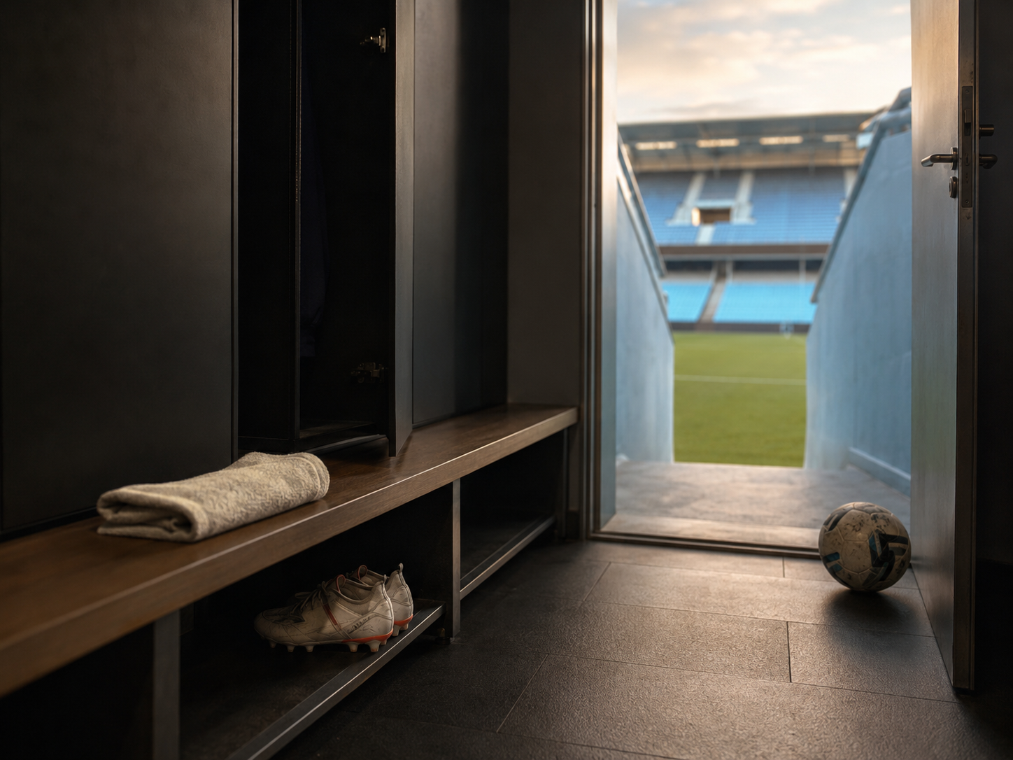 Vestuario vacío de un estadio de fútbol profesional con botas y un balón junto al acceso al campo.