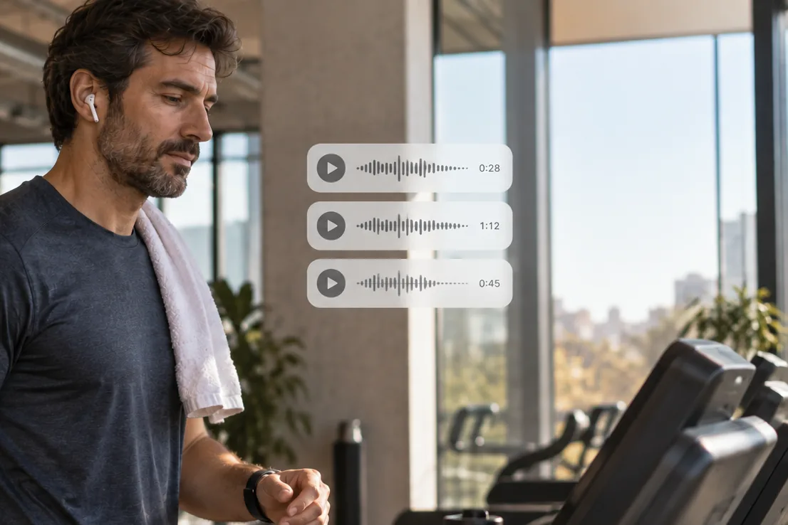 Tres notas de voz sin escuchar sobre la pantalla, mientras alguien entrena