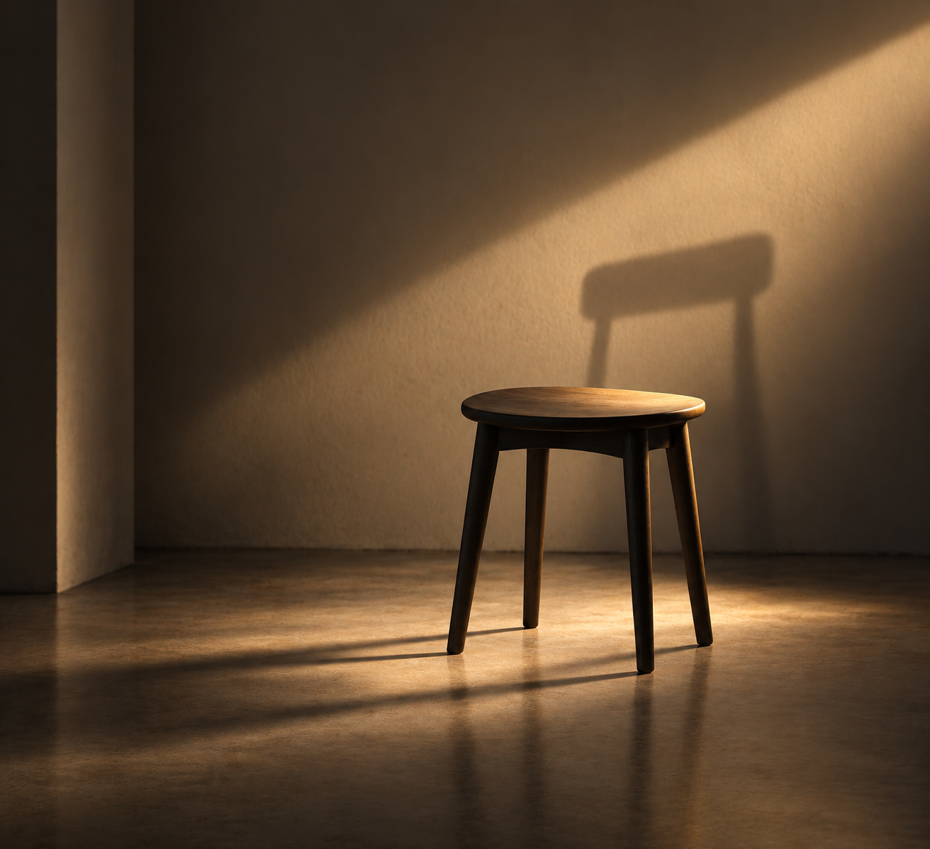 Taburete de madera en penumbra cuya sombra dibuja una silla con respaldo: el duelo en el trabajo que no se cuenta